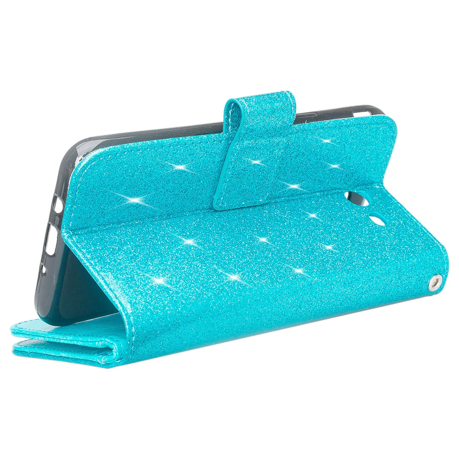 Samsung Galaxy J7 V / J7 (2017) / J7 Perx / J7 Sky Pro / J7 Prime / Galaxy Halo Case Wrist Strap Glitter Faux Leather Flip [Kickstand] Wallet Cover Wristlet - Teal