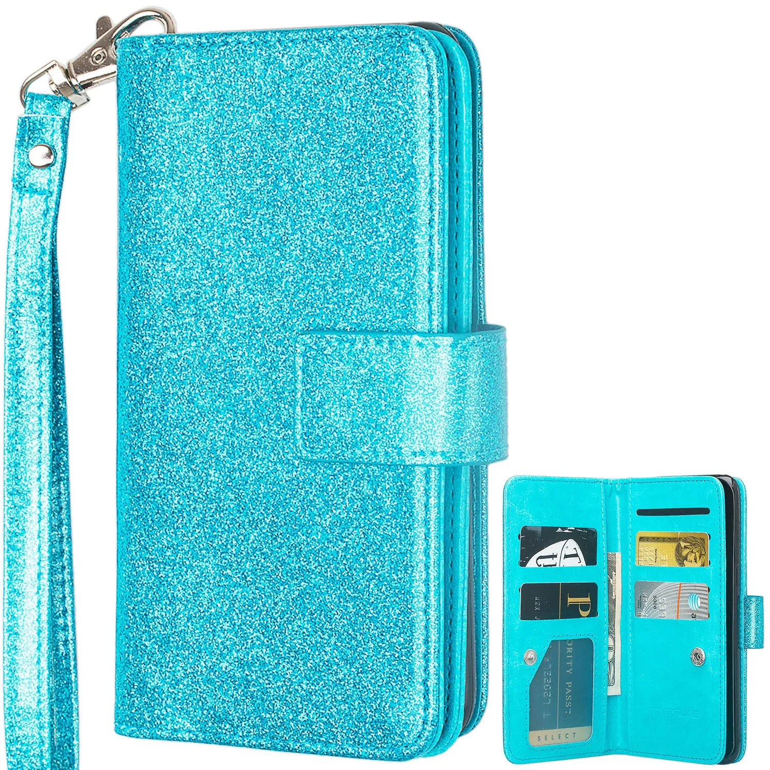 Samsung Galaxy J7 V / J7 (2017) / J7 Perx / J7 Sky Pro / J7 Prime / Galaxy Halo Case Wrist Strap Glitter Faux Leather Flip [Kickstand] Wallet Cover Wristlet - Teal