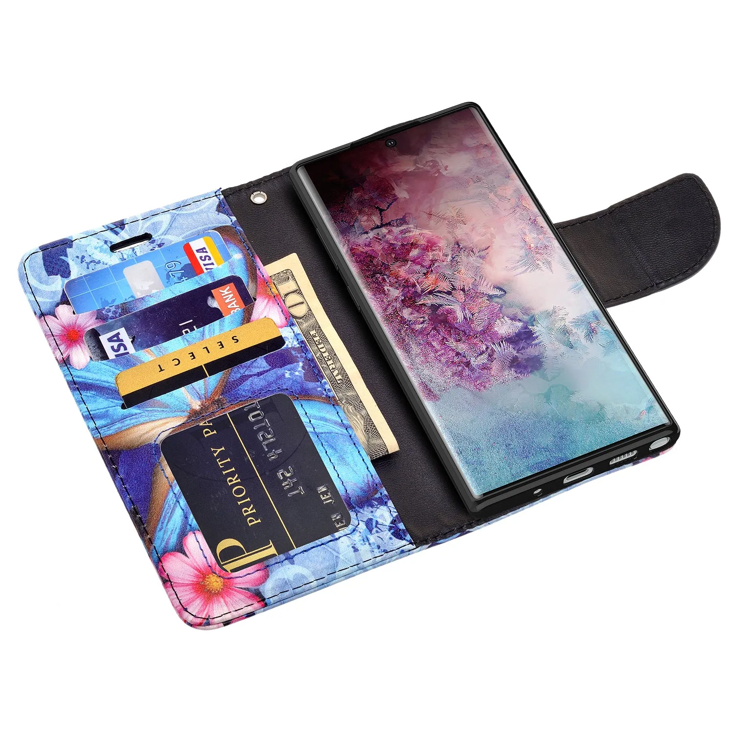 Samsung Galaxy Note 10 Case, Galaxy Note 10 Wallet Case, Wrist Strap Pu Leather Wallet Case [Kickstand] with ID & Credit Card Slots - Blue Butterfly