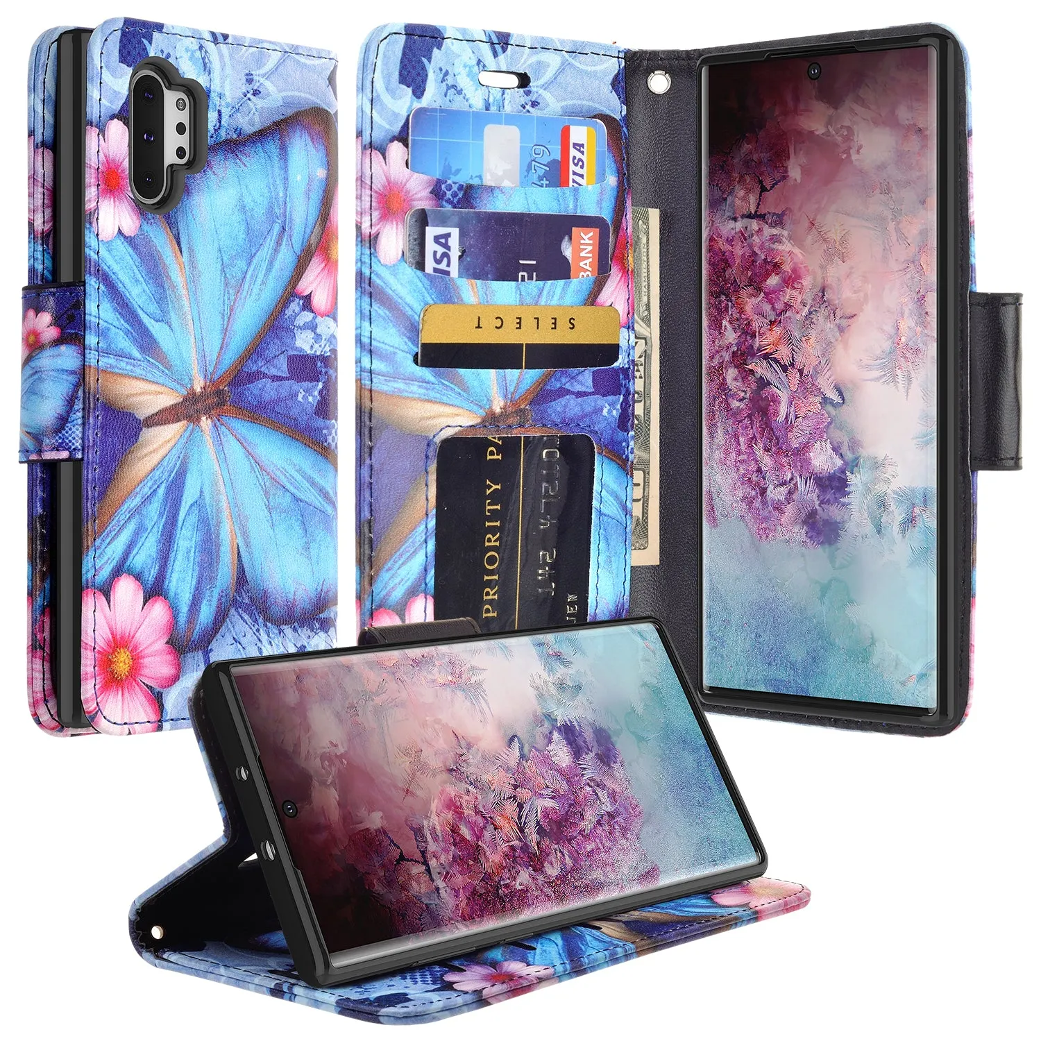 Samsung Galaxy Note 10 Case, Galaxy Note 10 Wallet Case, Wrist Strap Pu Leather Wallet Case [Kickstand] with ID & Credit Card Slots - Blue Butterfly