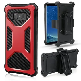 Samsung Galaxy Note 8 Case, Rugged Carbon Fiber Holster Combo Kickstand Clip Case Cover - Red