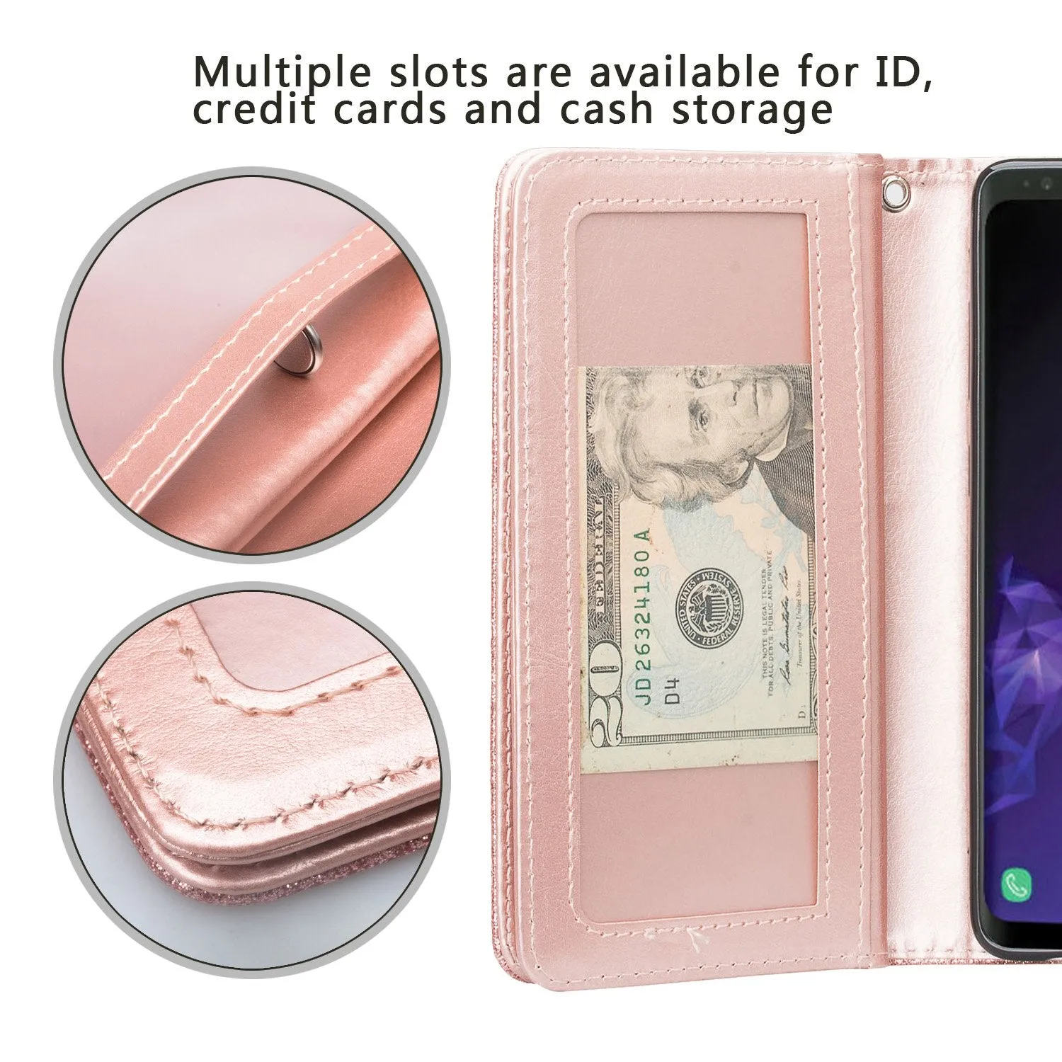 Samsung Galaxy S10 Case, Samsung Galaxy S10 Case, Glitter Faux Leather Flip Credit Card Holder Wrist Strap Shockproof Protective Wallet Case Clutch for Samsung Galaxy S10 - Rose Gold