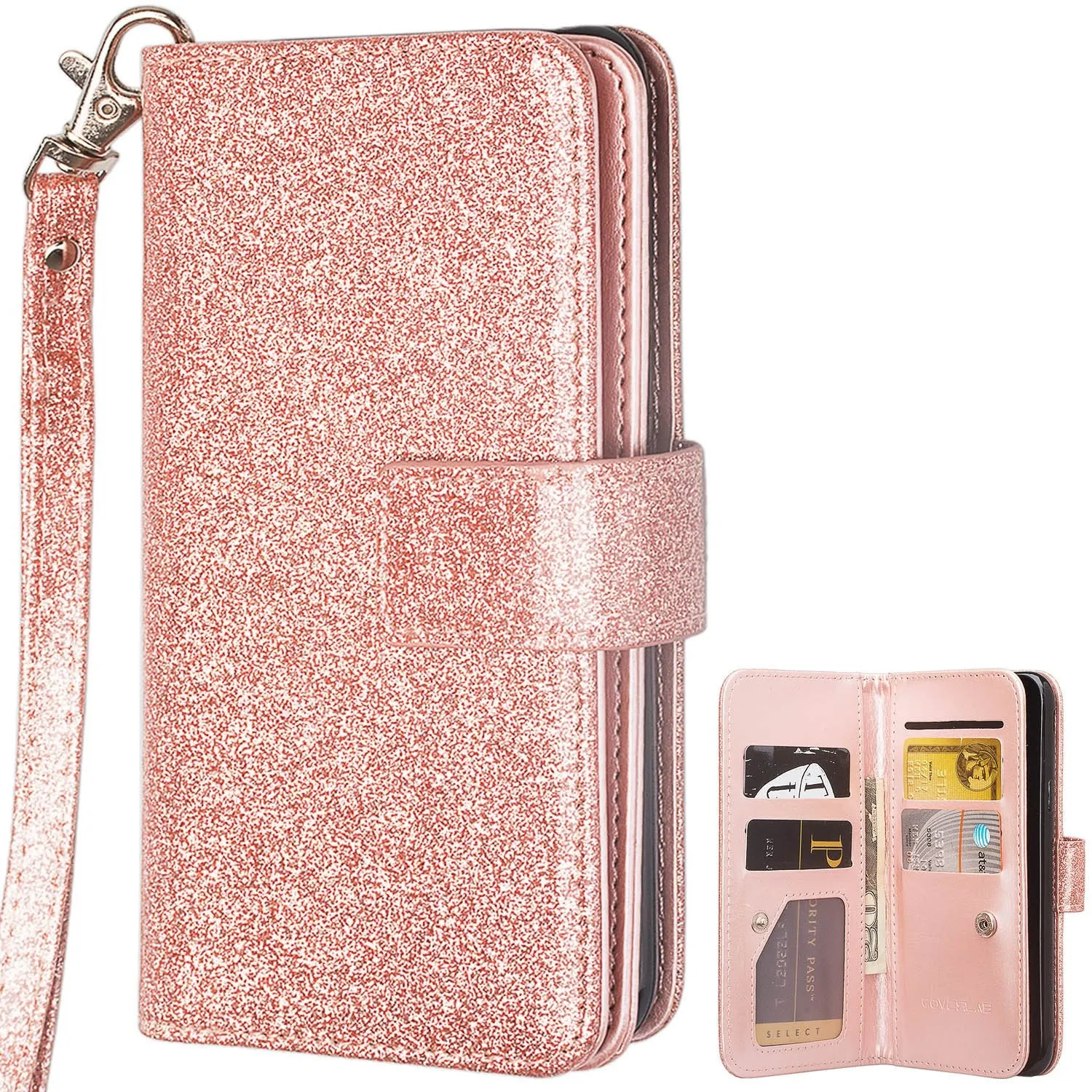 Samsung Galaxy S10 Case, Samsung Galaxy S10 Case, Glitter Faux Leather Flip Credit Card Holder Wrist Strap Shockproof Protective Wallet Case Clutch for Samsung Galaxy S10 - Rose Gold