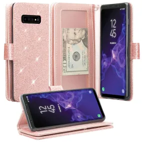 Samsung Galaxy S10 Case, Samsung Galaxy S10 Case, Glitter Faux Leather Flip Credit Card Holder Wrist Strap Shockproof Protective Wallet Case Clutch for Samsung Galaxy S10 - Rose Gold