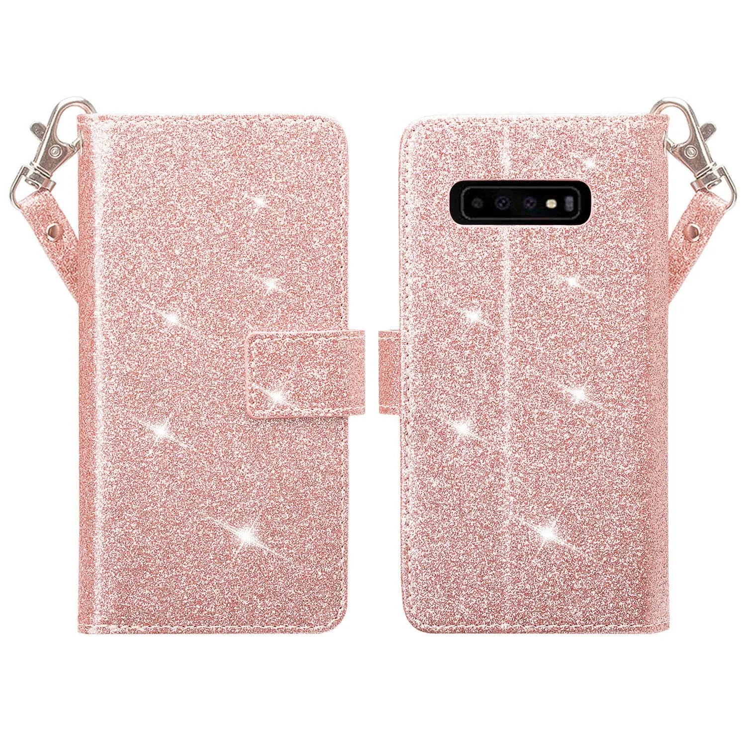 Samsung Galaxy S10 Case, Samsung Galaxy S10 Case, Glitter Faux Leather Flip Credit Card Holder Wrist Strap Shockproof Protective Wallet Case Clutch for Samsung Galaxy S10 - Rose Gold