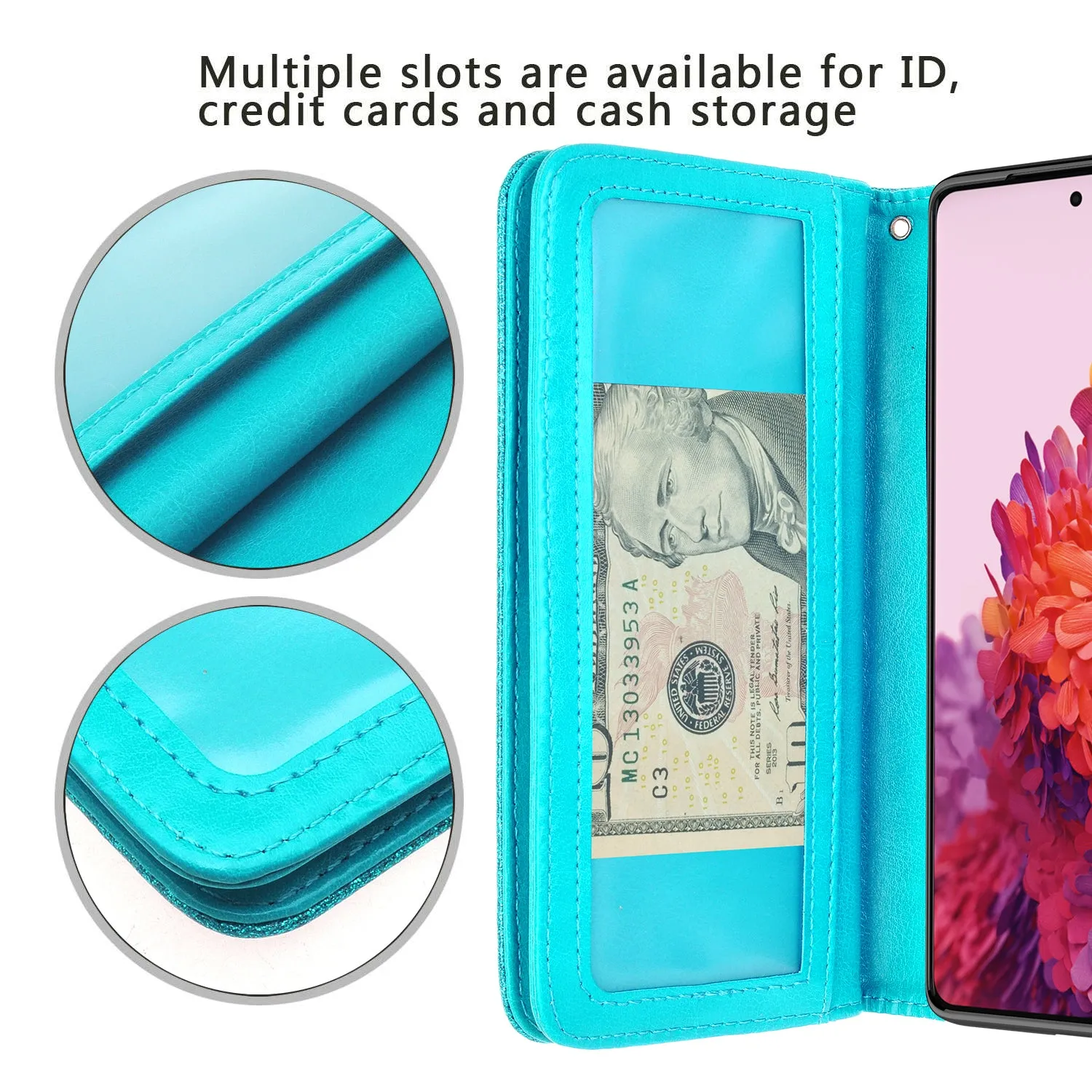 Samsung Galaxy S21 Ultra Case, Galaxy S21 Ultra Case, Glitter Faux Leather Flip Credit Card Holder Wrist Strap Shockproof Protective Wallet Case Clutch for Galaxy S21 Ultra - Teal