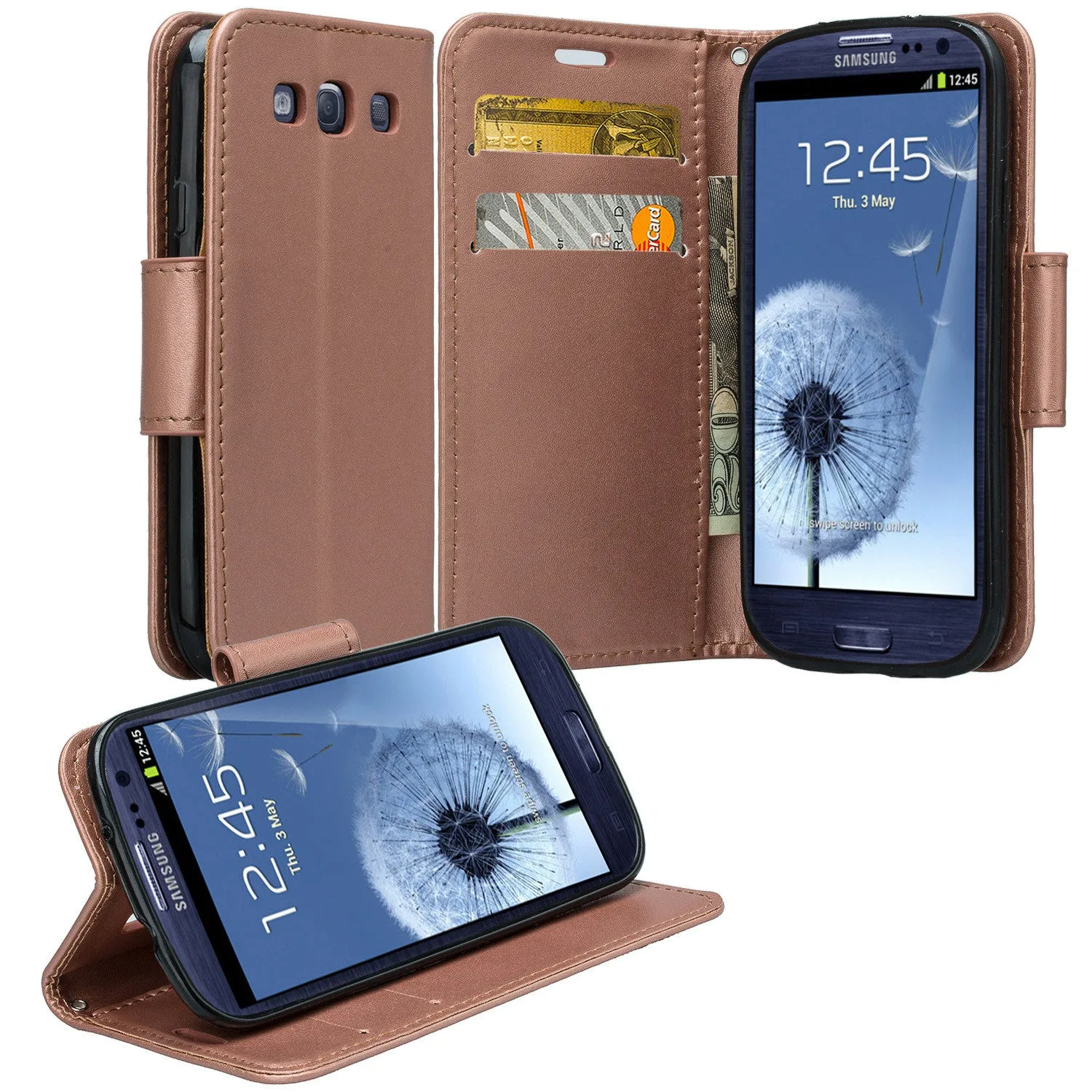 Samsung Galaxy S3 Case, Wrist Strap Magnetic Fold[Kickstand] Pu Leather Wallet Case with ID & Credit Card Slots for Samsung Galaxy S3 - Rose Gold