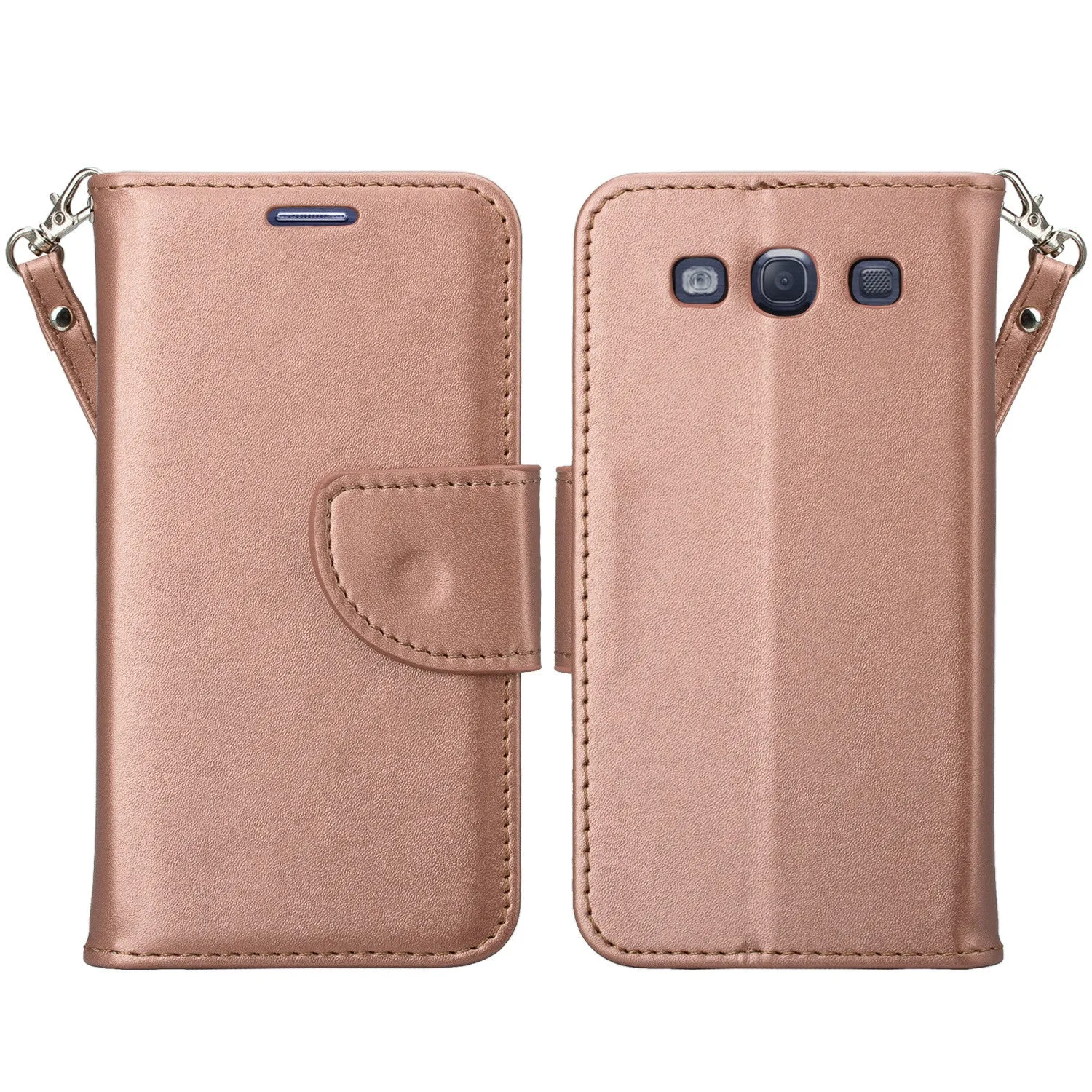 Samsung Galaxy S3 Case, Wrist Strap Magnetic Fold[Kickstand] Pu Leather Wallet Case with ID & Credit Card Slots for Samsung Galaxy S3 - Rose Gold