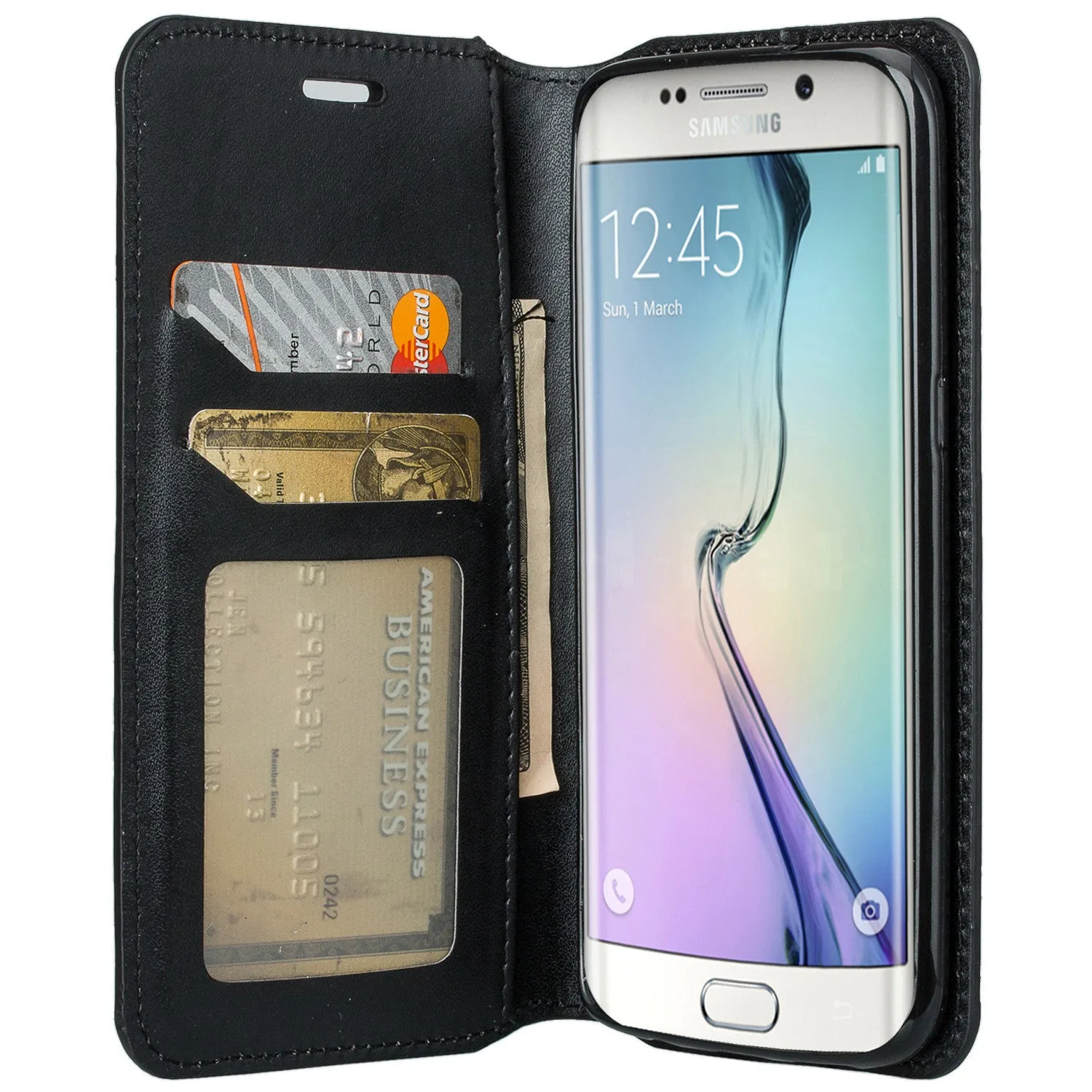 Samsung Galaxy S7 Genuine Leather Case, Magnetic Flip Fold[Kickstand] with ID & Card Slots Genuine Leather Wallet Case for Galaxy S7 - Black