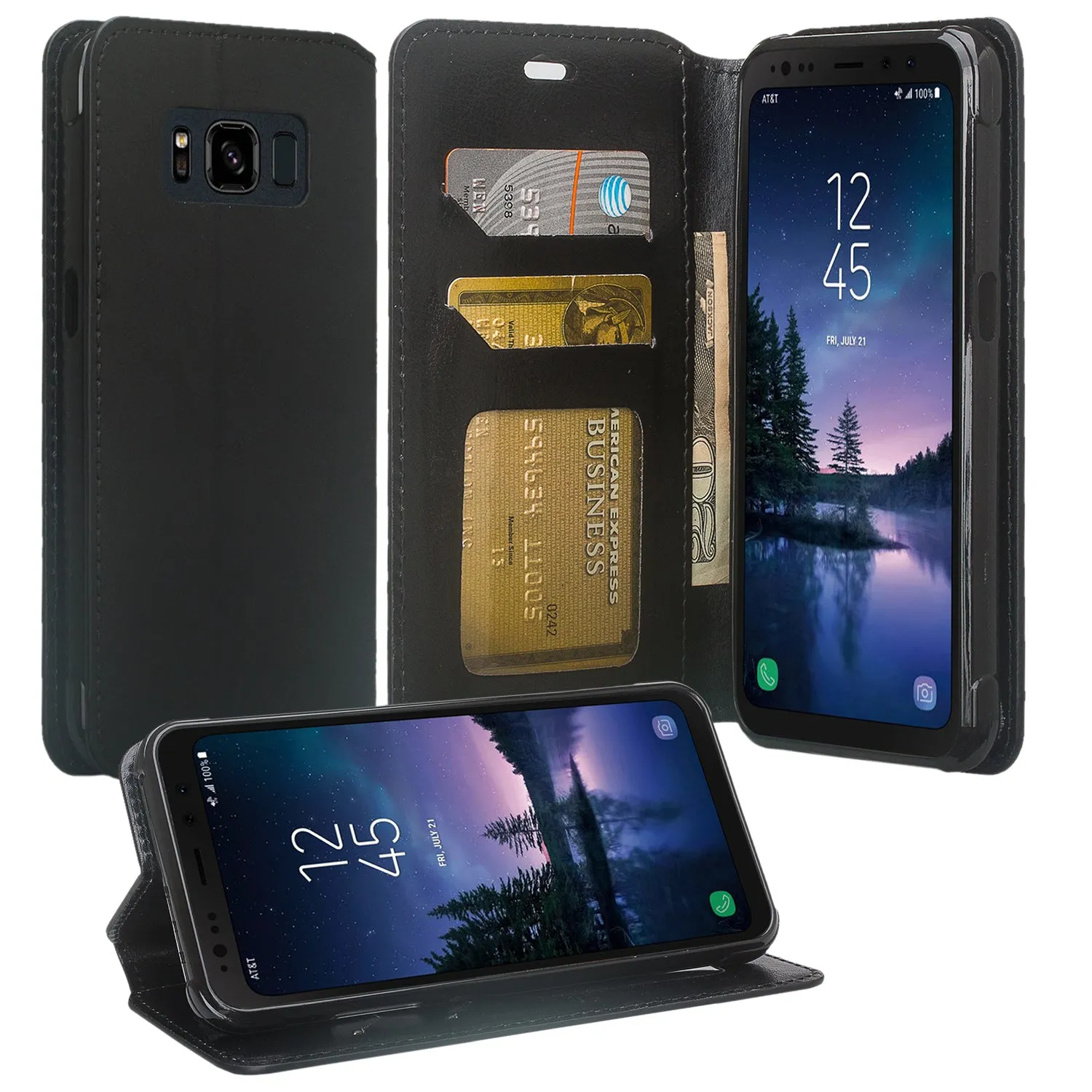 Samsung Galaxy S8 Active Wallet Case, Slim Flip Folio [Kickstand] Pu Leather Wallet Case with ID & Card Slots & Pocket - Black