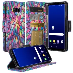 Samsung Galaxy S8 Plus Case, Wrist Strap Pu Leather Magnetic Fold[Kickstand] Wallet Case with ID & Credit Card Slots for Galaxy S8 Plus, SM-G955 - Rainbow Flower