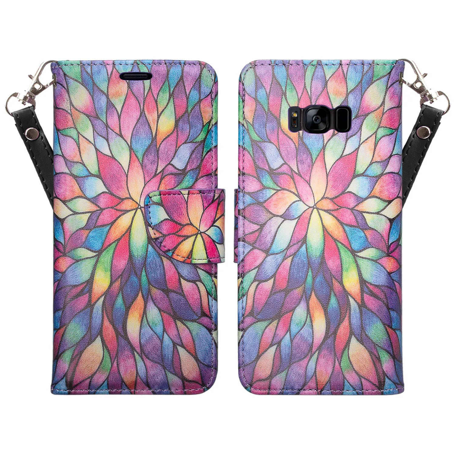 Samsung Galaxy S8 Plus Case, Wrist Strap Pu Leather Magnetic Fold[Kickstand] Wallet Case with ID & Credit Card Slots for Galaxy S8 Plus, SM-G955 - Rainbow Flower