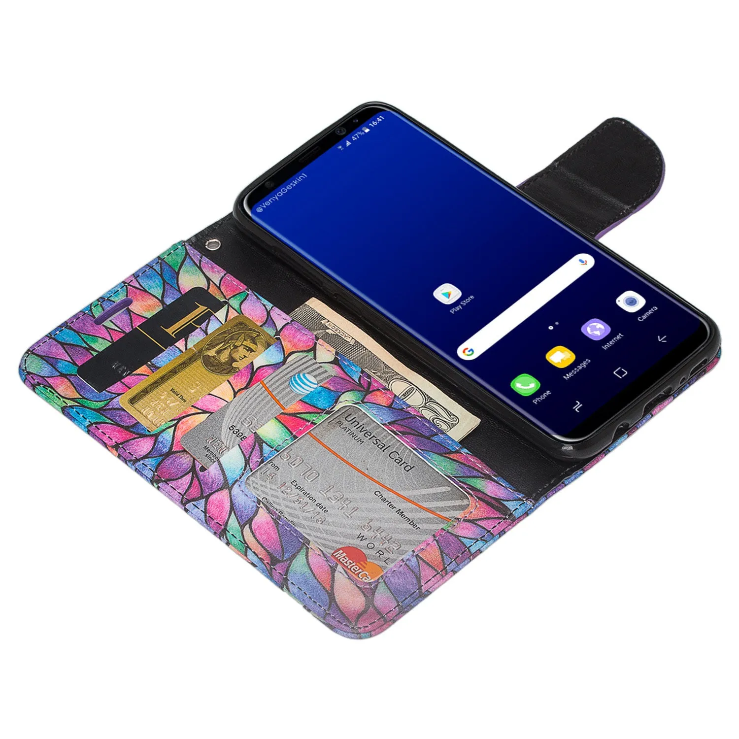 Samsung Galaxy S8 Plus Case, Wrist Strap Pu Leather Magnetic Fold[Kickstand] Wallet Case with ID & Credit Card Slots for Galaxy S8 Plus, SM-G955 - Rainbow Flower