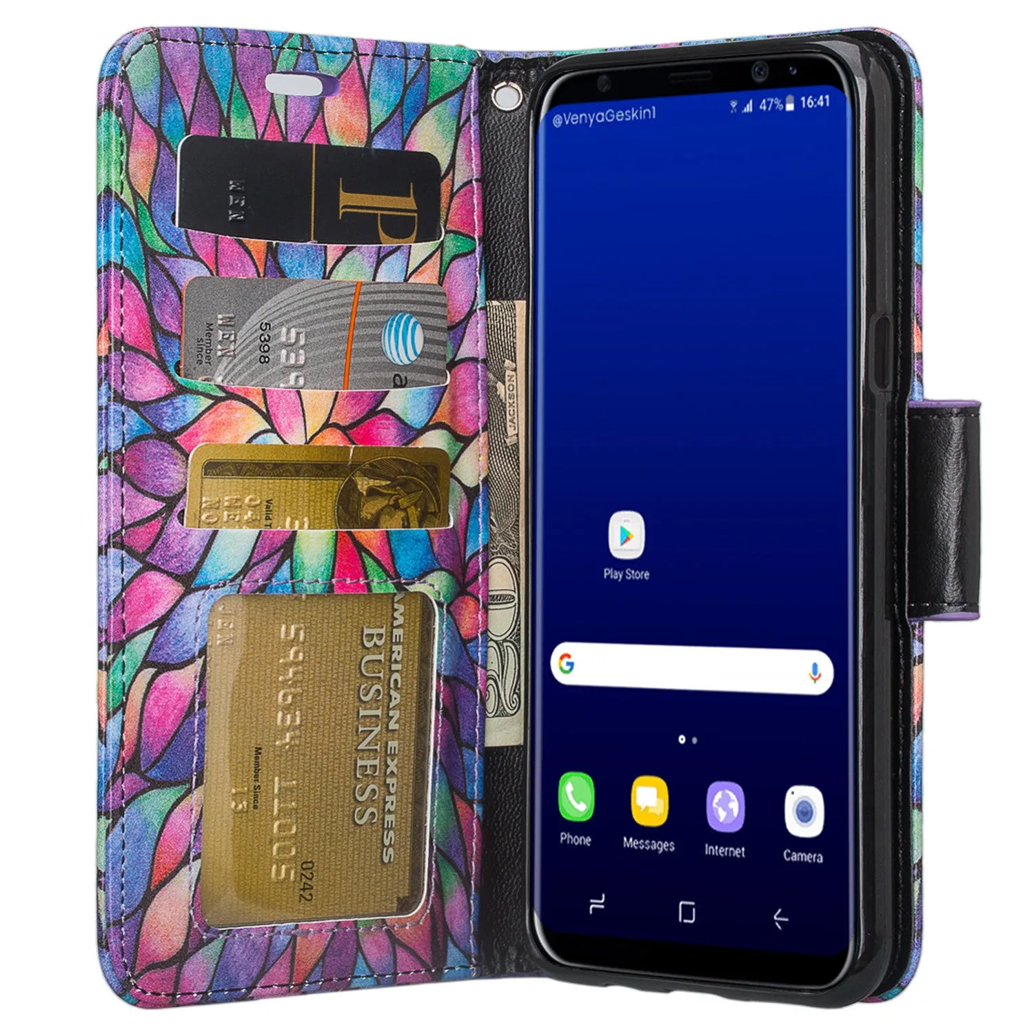 Samsung Galaxy S8 Plus Case, Wrist Strap Pu Leather Magnetic Fold[Kickstand] Wallet Case with ID & Credit Card Slots for Galaxy S8 Plus, SM-G955 - Rainbow Flower