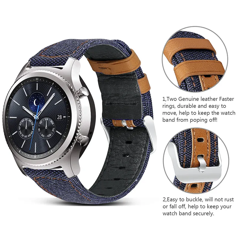 Samsung Galaxy Watch 3 45mm /46mm / Gear S3 Frontier / Classic / Watch GT 2 46mm | Leather Watch Band Canvas Pattern  | DARK DENIM