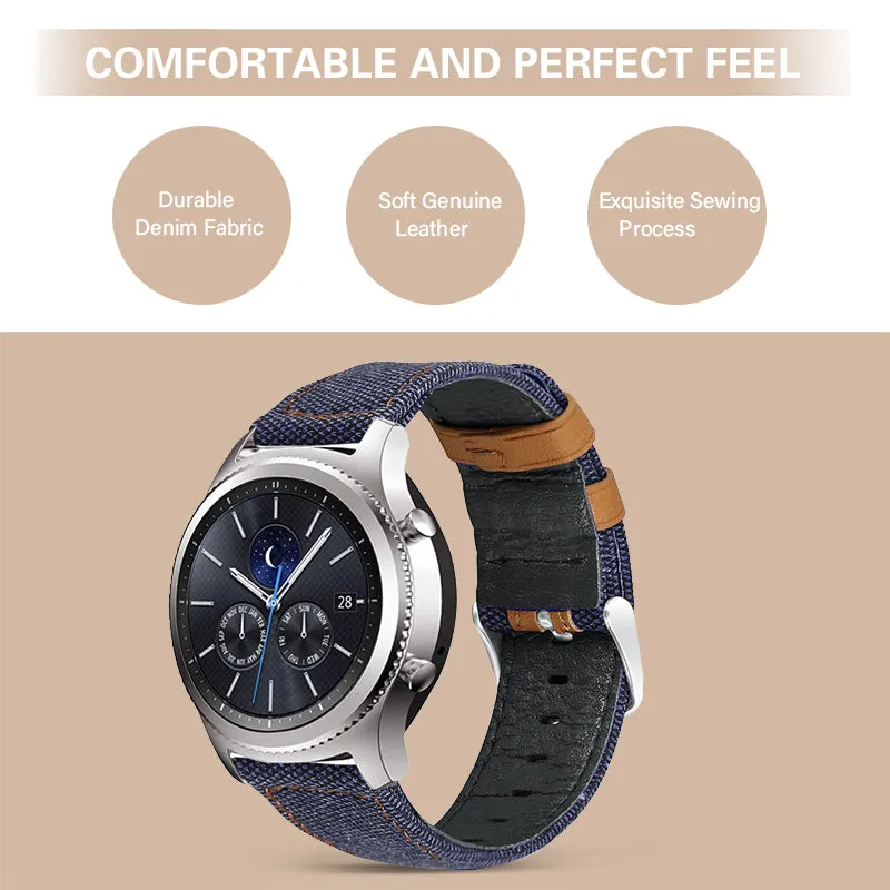 Samsung Galaxy Watch 3 45mm /46mm / Gear S3 Frontier / Classic / Watch GT 2 46mm | Leather Watch Band Canvas Pattern  | DARK DENIM