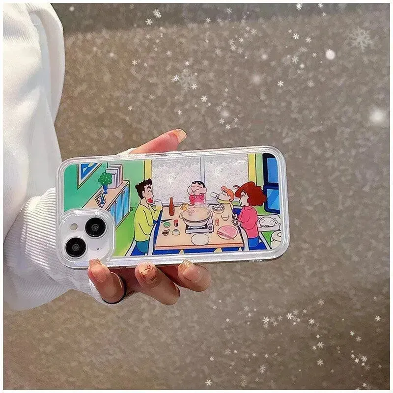 Shinchan & Family Snowflake Quicksand Phone Case (For iPhone)