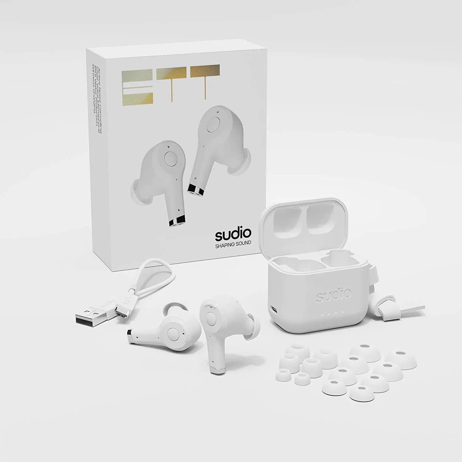 Sudio Ett True Wireless Bluetooth Earbuds - Active Noise Cancelling, Transparency Mode, IPX5 Water Protection, 30h Battery Time, supports Wireless Charging, compatible with Android and iOS (White)