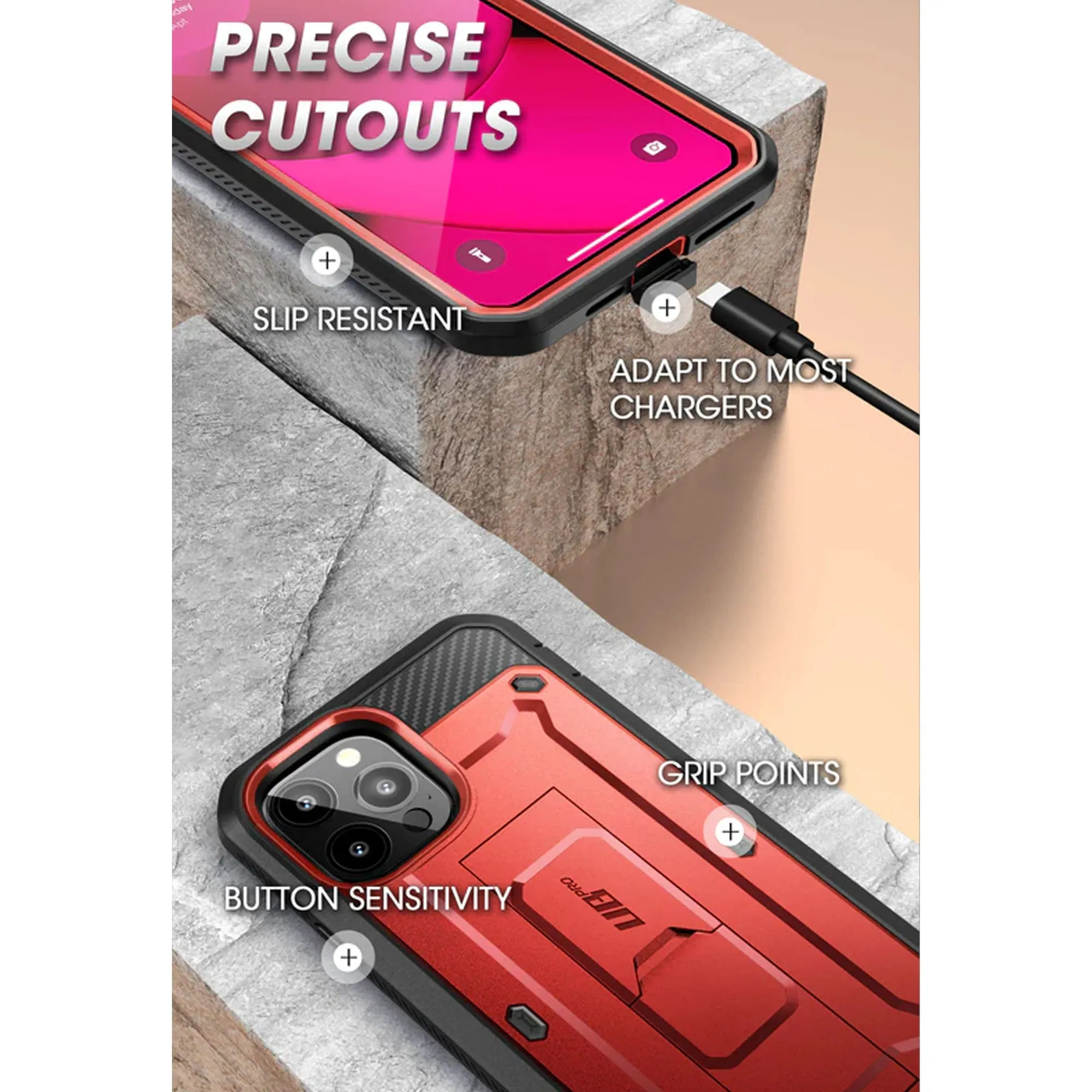 Supcase Unicorn Beetle UB PRO for iPhone 14 - Rugged Case with Built-In Screen Protector - Metallic Red