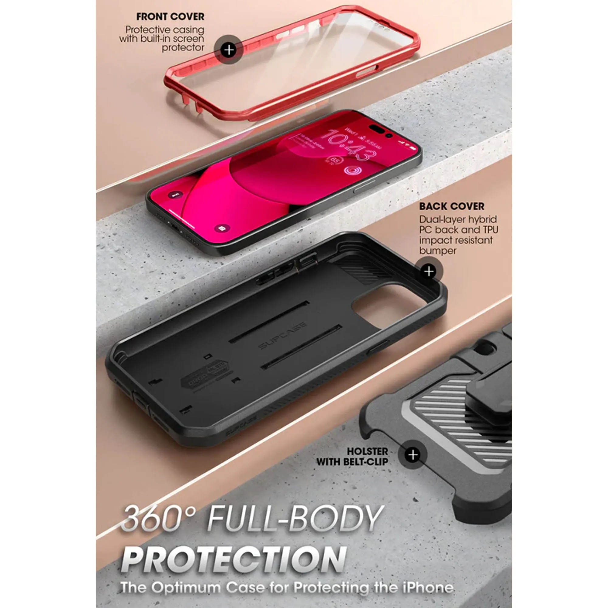 Supcase Unicorn Beetle UB PRO for iPhone 14 - Rugged Case with Built-In Screen Protector - Metallic Red