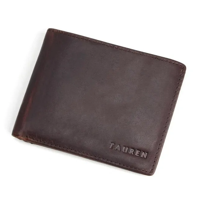 TAUREN Men Wallets Vintage Crazy Horse Genuine Leather Zipper Wallet Card Holder Coin Pocket Men's Purse Male Carteira