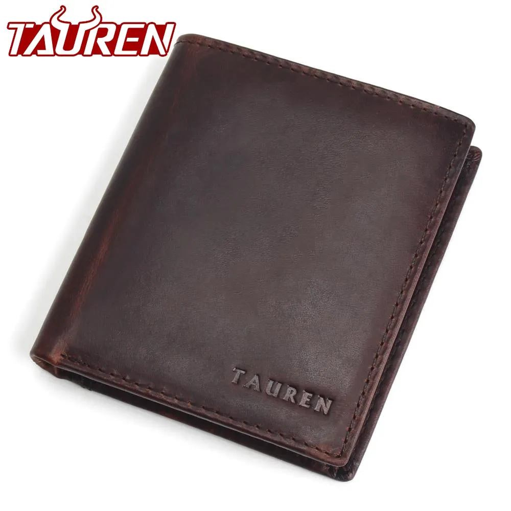 TAUREN Men Wallets Vintage Crazy Horse Genuine Leather Zipper Wallet Card Holder Coin Pocket Men's Purse Male Carteira