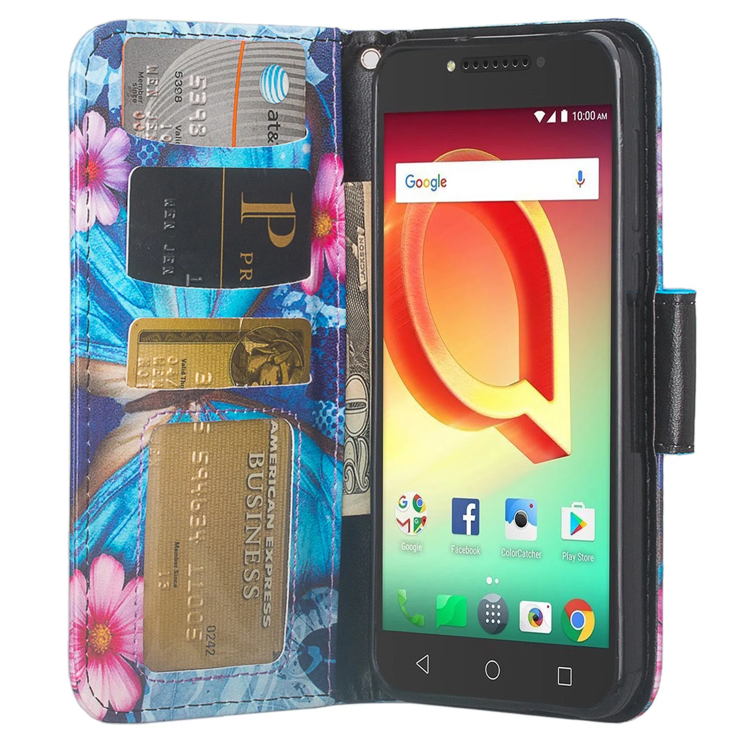 Tmobile REVVL, Alcatel A30 Plus, A30 Fierce, Alcatel Walters Case, Wrist Strap Pu Leather Wallet Flip [Kickstand] Cover with ID & Credit Card Slots - Blue Butterfly