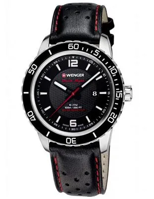 Wenger Mens Roadster Black Night - Black Dial & Leather Strap with Red Accents