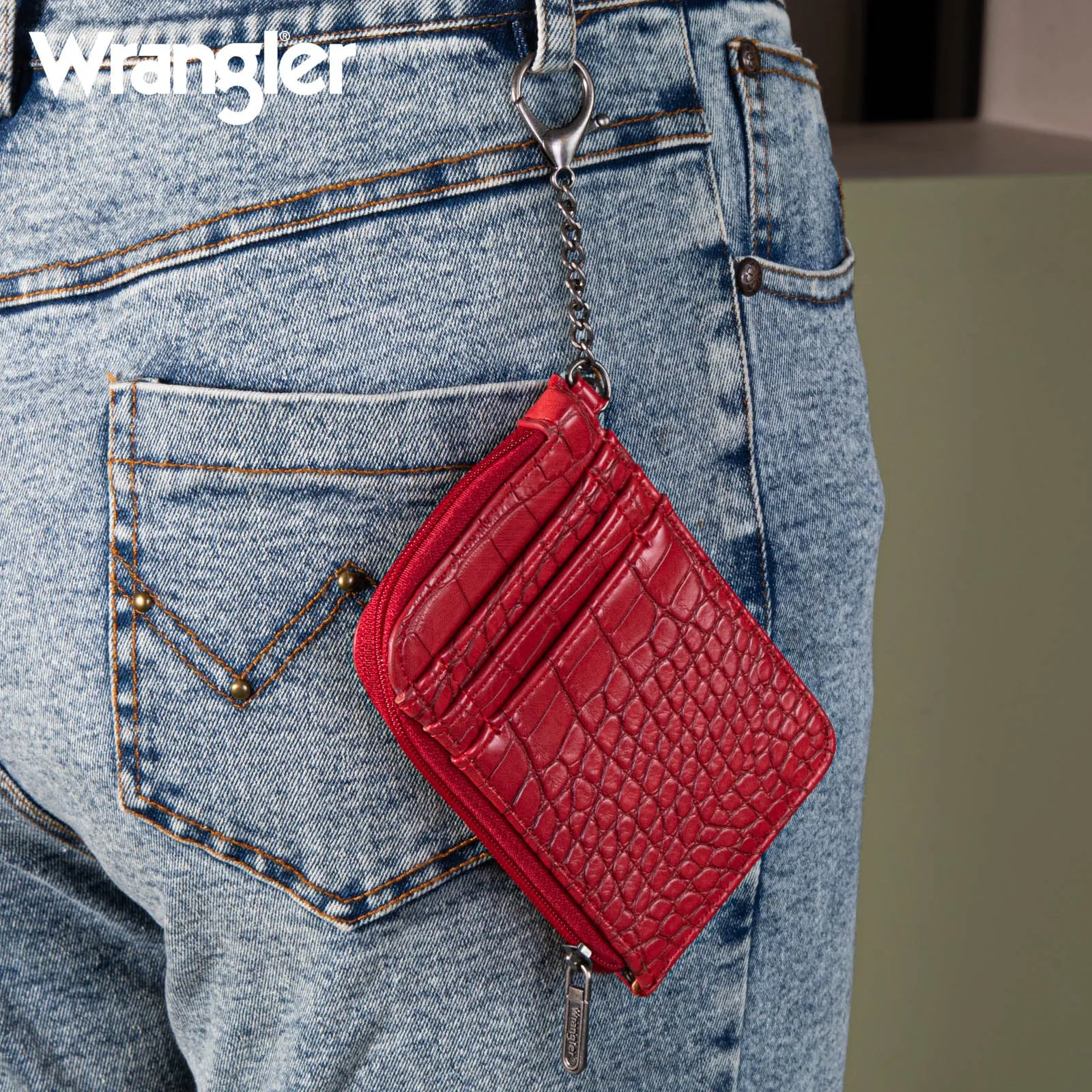 WG102-W005 Wrangler  Wrangler Croc Print  Mini Zip Card Case - Burgundy