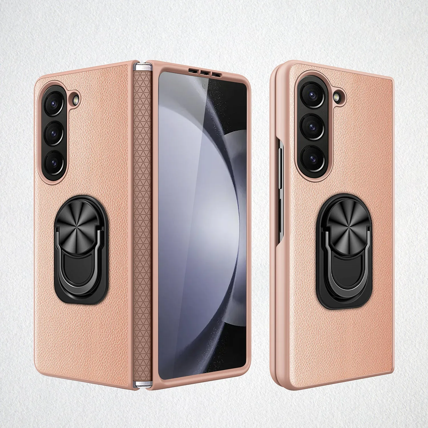 With Ring Holder Lychee Pattern Leather Folding Hinge Phone Case For Samsung Galaxy Z Fold 5 4