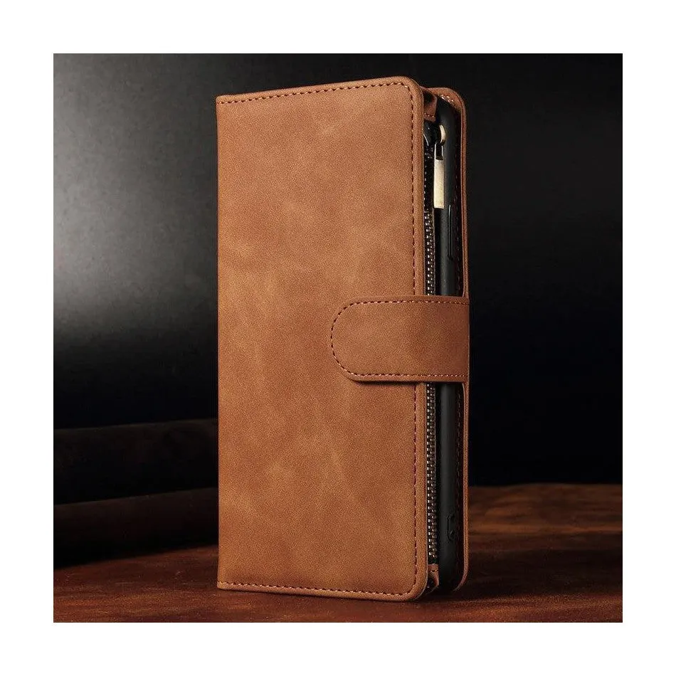 Zipper Wallet Mobile Phone Case for iPhone 13 Pro with Wrist Strap Brown