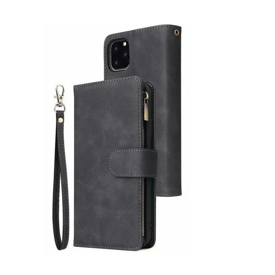 Zipper Wallet Mobile Phone Case for iPhone 14 / iPhone 13 with Wrist Strap Black