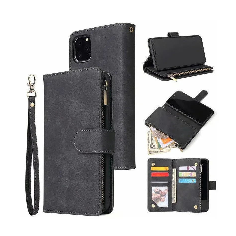 Zipper Wallet Mobile Phone Case for iPhone 14 / iPhone 13 with Wrist Strap Black