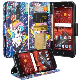 ZTE Blade Spark Z971, ZTE ZMAX One, ZTE Grand X4, X 4 Case, Wrist Strap Pu Leather Magnetic Flip [Kickstand] Wallet Cover with Slots - Rainbow Unicorn