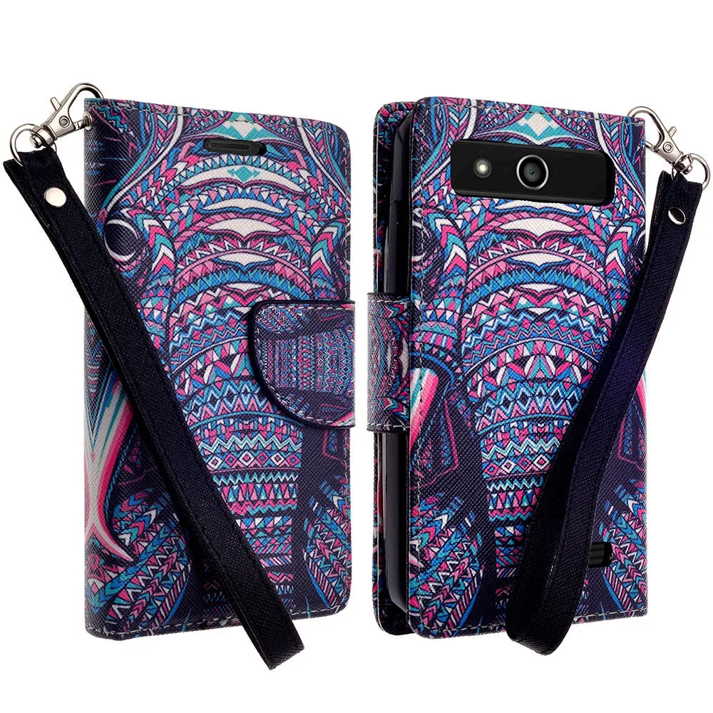 ZTE Speed Case | Maven | Atrium | Scend | Overture 2 | Fanfare Wrist Strap Magnetic Fold[Kickstand] Pu Leather Wallet Case with ID & Credit Card Slots for ZTE Speed - Tribal Elephant