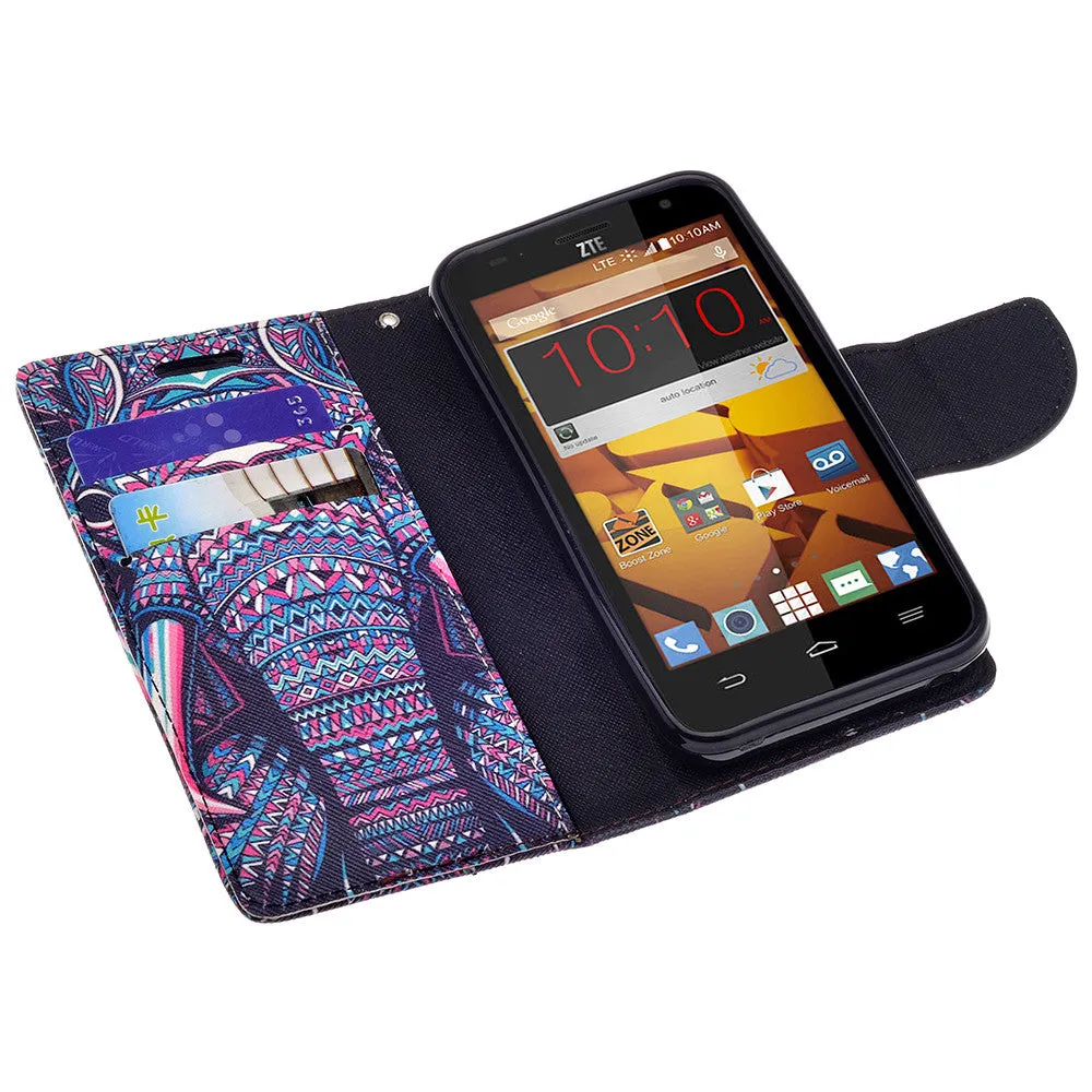 ZTE Speed Case | Maven | Atrium | Scend | Overture 2 | Fanfare Wrist Strap Magnetic Fold[Kickstand] Pu Leather Wallet Case with ID & Credit Card Slots for ZTE Speed - Tribal Elephant