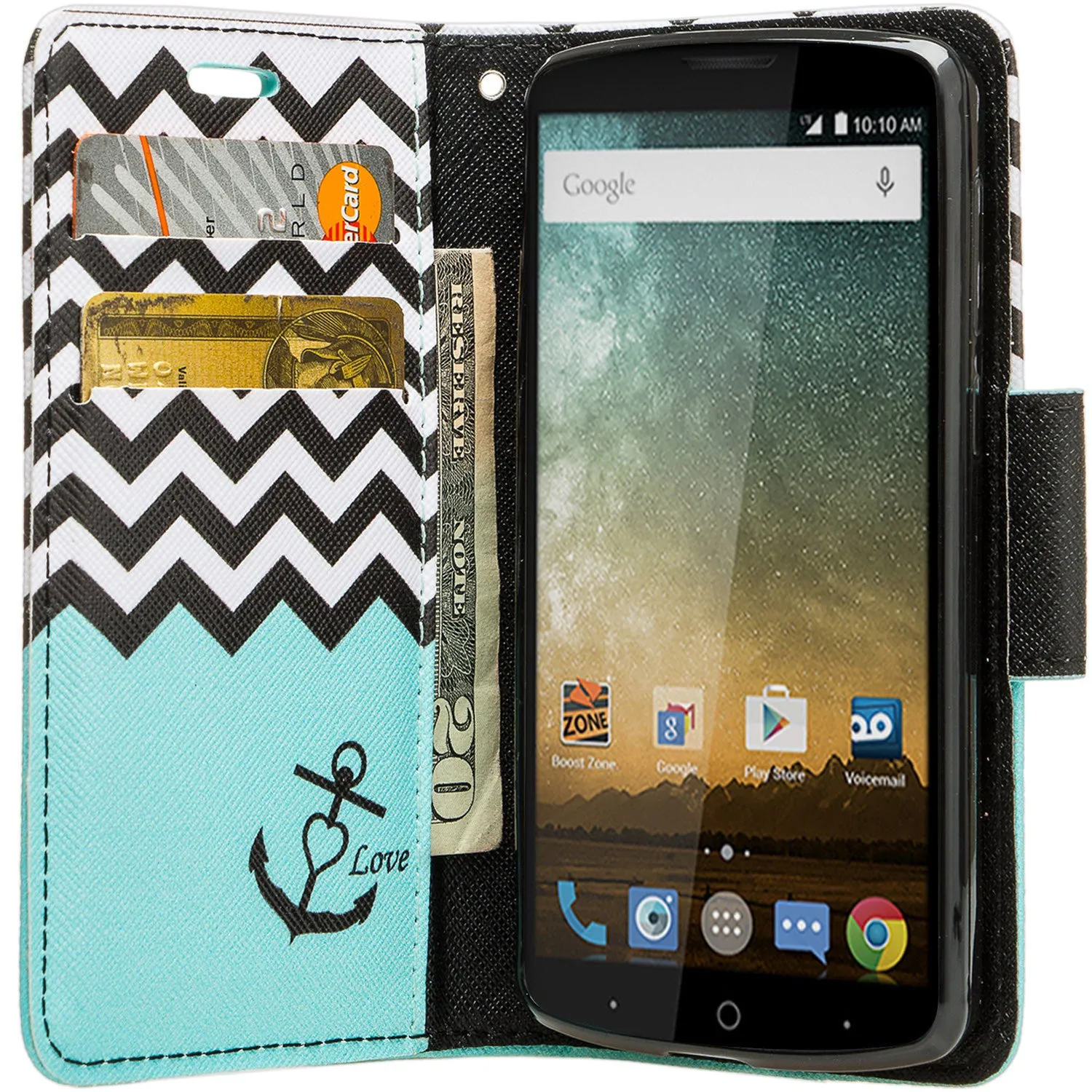 ZTE Ultra Case | ZTE Quest | ZTE Uhura Case, Wrist Strap Magnetic Flip Fold[Kickstand] Pu Leather Wallet Case with ID & Credit Card Slots for ZTE Ultra/Quest/Uhura - Teal Anchor