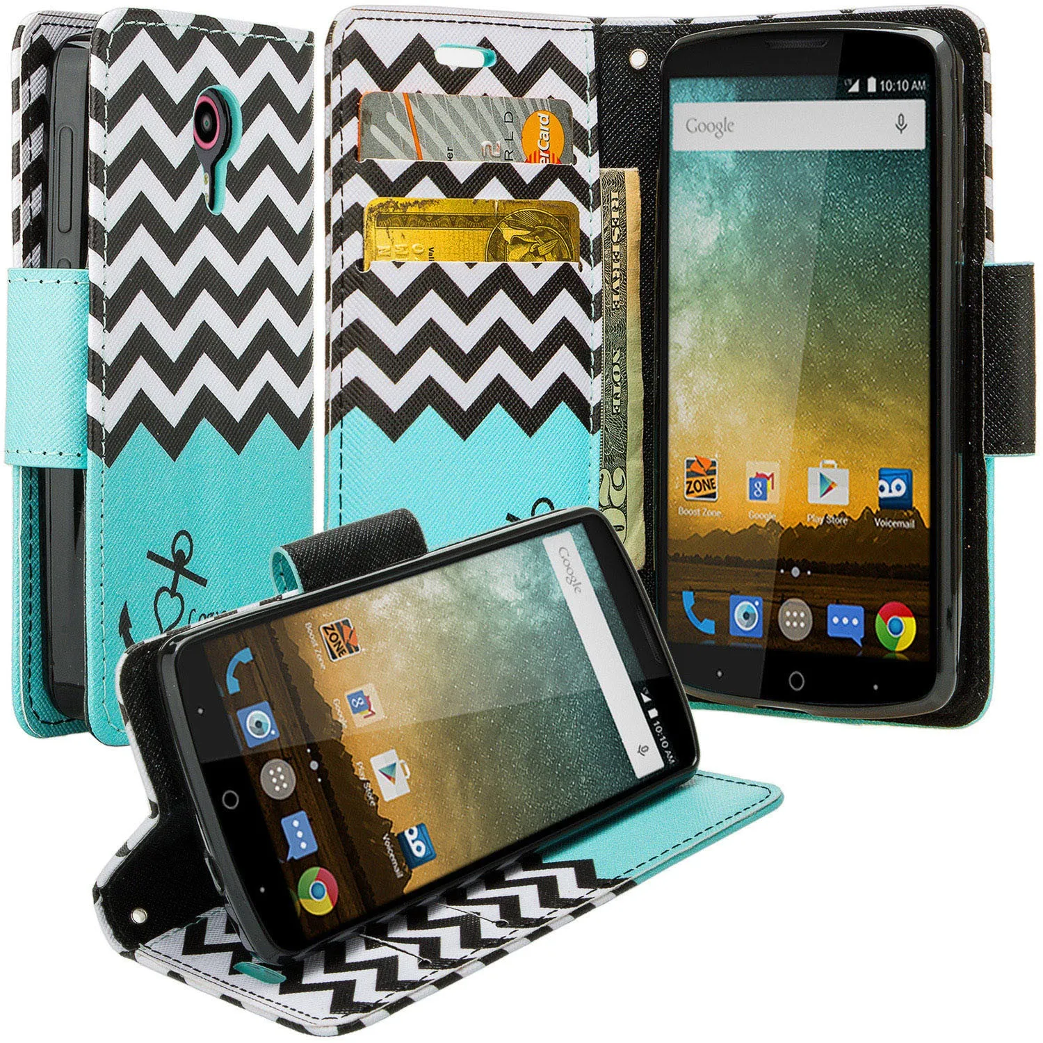 ZTE Ultra Case | ZTE Quest | ZTE Uhura Case, Wrist Strap Magnetic Flip Fold[Kickstand] Pu Leather Wallet Case with ID & Credit Card Slots for ZTE Ultra/Quest/Uhura - Teal Anchor