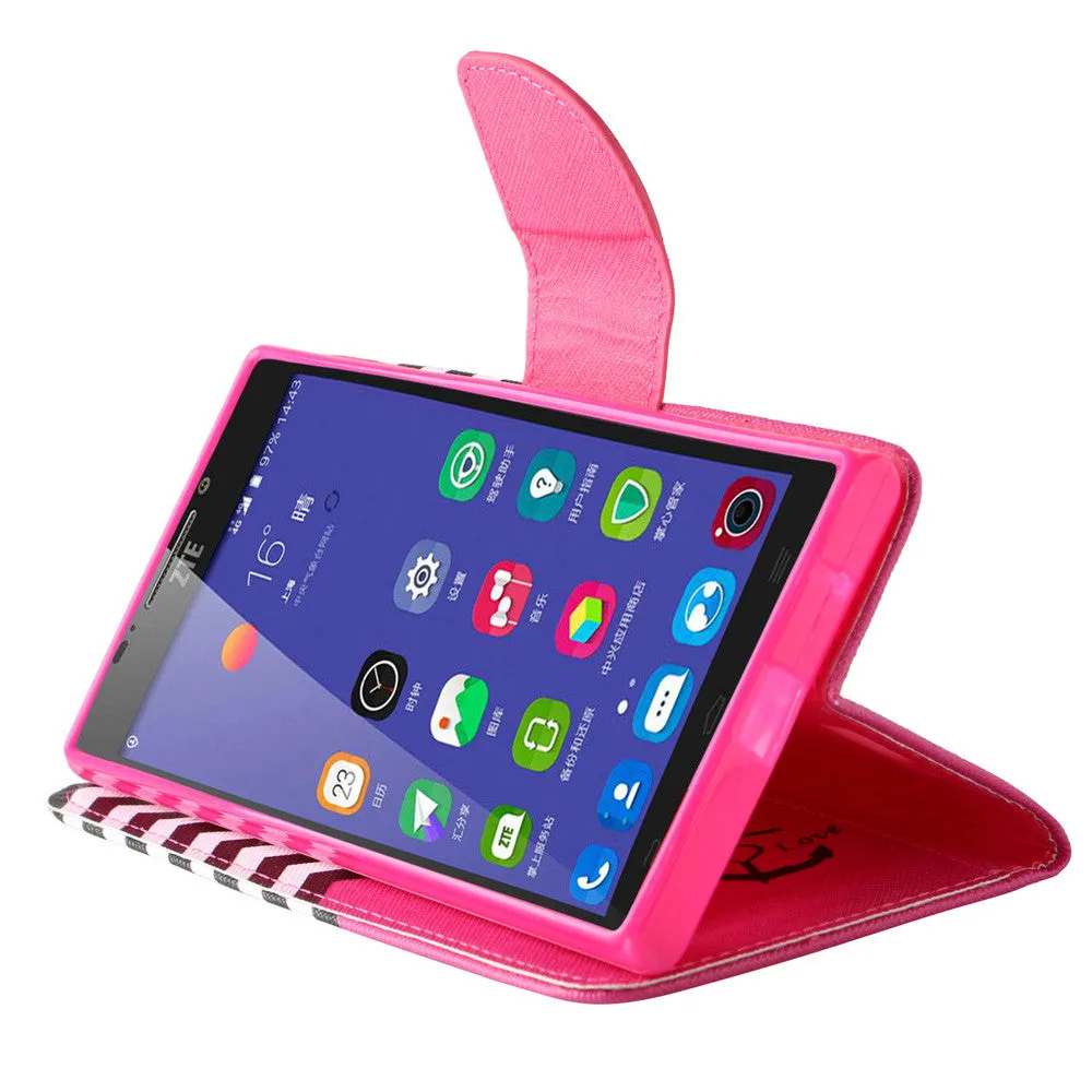 ZTE Warp Elite | ZTE N9158 Case, Wrist Strap Magnetic Flip Fold[Kickstand] Pu Leather Wallet Case with ID & Card Slots - Hot Pink Anchor