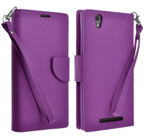 ZTE ZMAX Case, Wrist Strap Magnetic Fold[Kickstand] Pu Leather Wallet Case with ID & Credit Card Slots for ZTE ZMAX - Purple